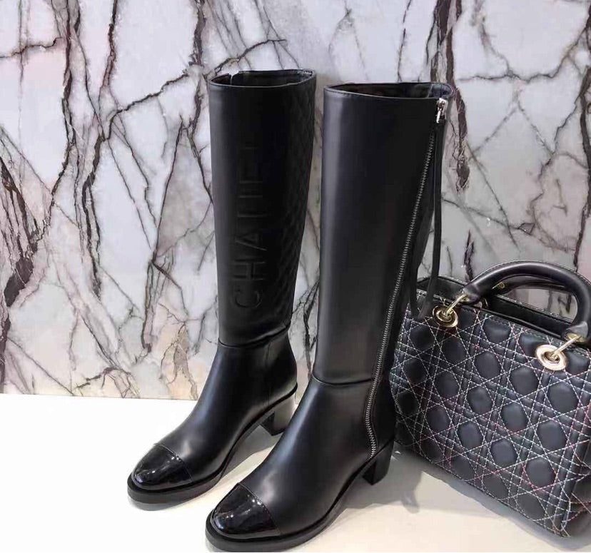 Chanel leather tall black boots